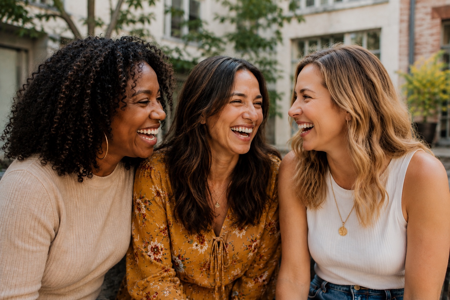 Three women laughing together outside, warm friendship and connection — relationship therapy for women in San Francisco, California